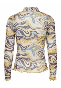 Langarmige fitted blouse met hoge kraag, versierd met een zwervend abstract patroon in beige, blauw, geel en bruine tinten.