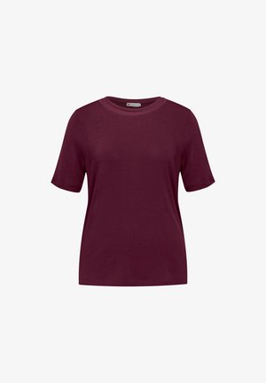 Damen T-Shirt mit kurzen Ärmeln und Rundhalsausschnitt in einheitlichem dunklen Burgunderrot, schlichtes Design, keine sichtbaren Muster oder Logos.