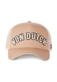 Gorra beige con visera plana, laterales de malla y bordado de la letra "VON DUTCH" en colores oscuros y claros. Tela texturizada con correa ajustable.