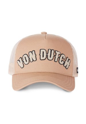 Gorra beige con visera plana, laterales de malla y bordado de la letra "VON DUTCH" en colores oscuros y claros. Tela texturizada con correa ajustable.