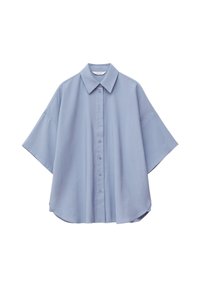 Light blue short-sleeve button-up shirt featuring a classic collar, loose fit, and subtle texture. Rounded hem and side slits enhance comfort.