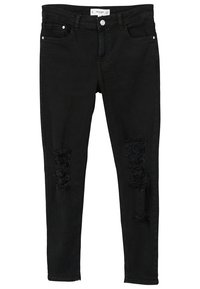 Jeans skinny de mezclilla negra con detalles desgastados en las rodillas, diseño clásico de cinco bolsillos y cierre de botón de metal en la cinturilla.