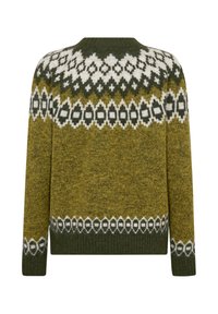 Grön och gul stickad tröja med ett geometriskt vitt mönster vid oket, långa ärmar och ett ribbat fåll.