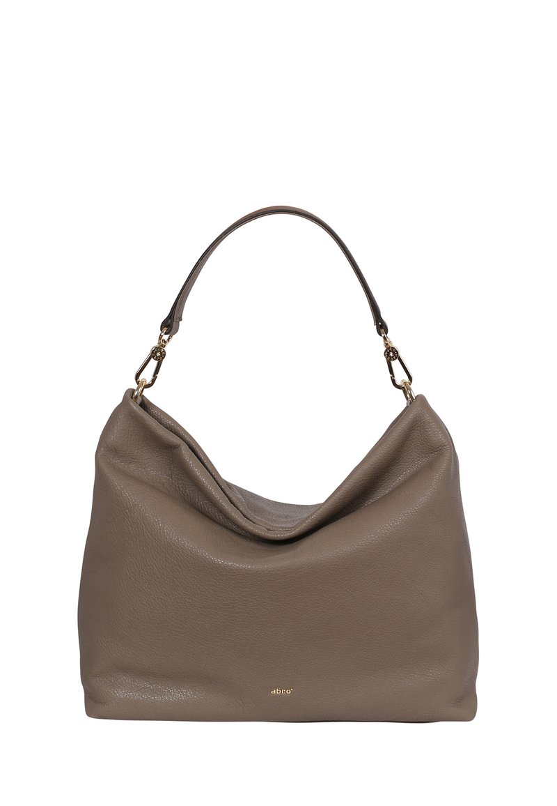Sac à main en cuir taupe doux avec un design décontracté, une poignée supérieure et des accessoires en ton or. Présente un logo de marque subtil à l'avant.