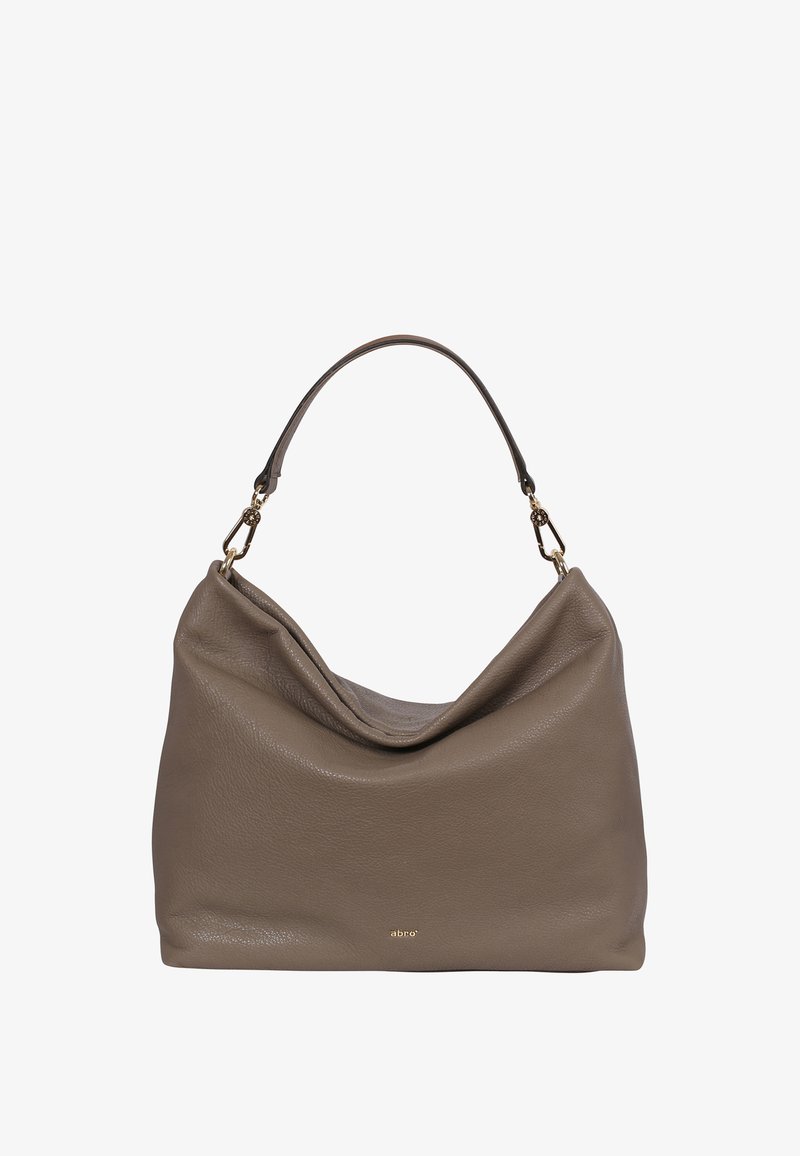 Sac à main en cuir taupe doux avec un design décontracté, une poignée supérieure et des accessoires en ton or. Présente un logo de marque subtil à l'avant.