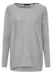 Ljusgrå långärmad tröja i mjukt stickat material, med rundad halsringning och en något längre bakre fåll.
