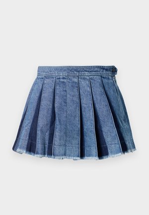 Blauwe denim geplooide minirok met een knoop- en zijritsluiting, met een rafelige zoomdetail.
