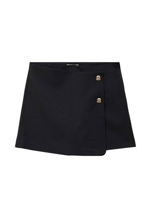 Zwarte wikkelrok met twee decoratieve gouden knopen aan de rechter voorkant, voorzien van een licht asymmetrische zoom.