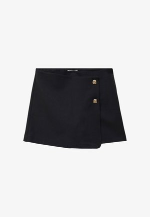 Falda cruzada negra con dos botones decorativos dorados en el lado derecho delantero, con un dobladillo ligeramente asimétrico.