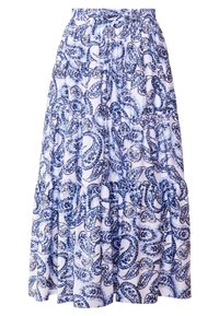 Jupe maxi à volants en tissu blanc, ornée d'un motif cachemire bleu. Taille élastique avec cordon de serrage, texture légère et design fluide.