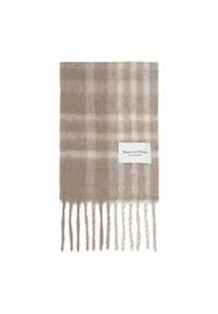 Beige geruite sjaal van zachte wol, met witte en lichtbeige strepen, afgewerkt met franjes en een merklabel.