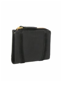 Portefeuille en cuir noir avec fermeture éclair dorée, design slim, fentes verticales pour cartes et branding discret. Finition texturée avec accents lisses.