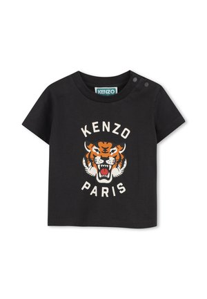 Camiseta negra de manga corta para niño pequeño con texto KENZO PARIS y un gráfico de la cara de un tigre rugiente en el frente, con botones a presión en el hombro.