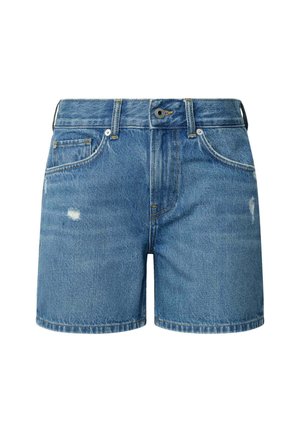 Denim shorts in light blue, featuring a classic five-pocket design, frayed hem, and subtle faded details for a worn look.