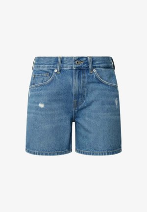 Lichtblauwe denim shorts met een klassieke vijf-pocket ontwerp, een rafelige zoom en subtiele vervaagde details voor een versleten look.