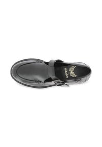 Black leather loafer with a buckle strap, rounded toe, and visible Kaporal logo inside sole and heel area.