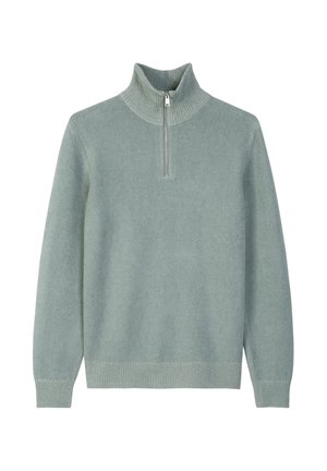 Light green knit sweater with a high ribbed collar, half-zip front closure, long sleeves, and ribbed cuffs and hem. Soft texture.