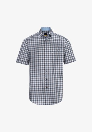 Camicia a maniche corte con bottoni, a righe bianche e blu navy, con taschino sul petto e interno del colletto di un blu chiaro.