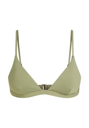 Light green triangle bikini top with thin straps, a clasp closure at the back, and minimal stitching details. Smooth texture and simple design.