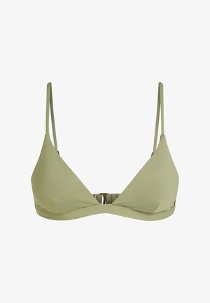 Top de bikini triunghiular verde deschis cu bretele subțiri, închidere cu clips la spate și detalii de cusătură minime. Textură netedă și design simplu.