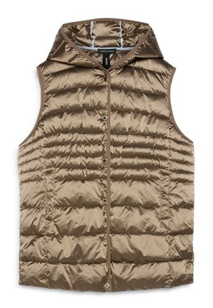 Gilet imbottito marrone senza maniche con cappuccio, chiusura a bottoni a pressione e tasche laterali, realizzato in tessuto isolante lucido.