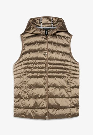 Gilet imbottito marrone senza maniche con cappuccio, chiusura a bottoni a pressione e tasche laterali, realizzato in tessuto isolante lucido.