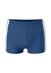 Marineblauwe zwembroek voor heren met witte verticale zijstrepen, elastische tailleband en vierkante pijpen.