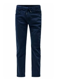 Pantalones casuales azul marino fabricados con tela suave, con una cinturilla elástica con cordón, dos bolsillos frontales y un diseño de pierna ajustada.
