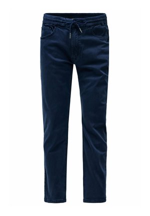 Pantalones casuales azul marino fabricados con tela suave, con una cinturilla elástica con cordón, dos bolsillos frontales y un diseño de pierna ajustada.