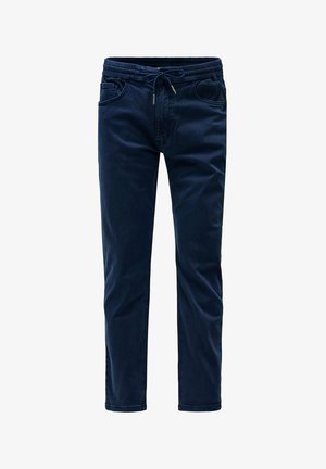 Granatowe spodnie casualowe wykonane z miękkiego materiału, z elastycznym paskiem w talii ze sznurkiem, dwiema przednimi kieszeniami oraz zwężanym krojem nogawek.