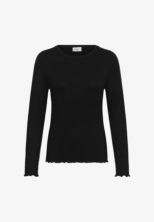 Crni rebrasti pleteni top s dugim rukavima i okruglim izrezom, s ukrasnim valovitim rubom i rubovima rukava, izrađen od mekanog materijala.