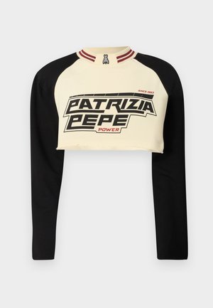 Krátka mikina v krémovej a čiernej farbe s dlhými rukávmi. Obsahuje výrazný grafický potlač "PATRIZIA PEPE POWER" a pruhovaný golier.