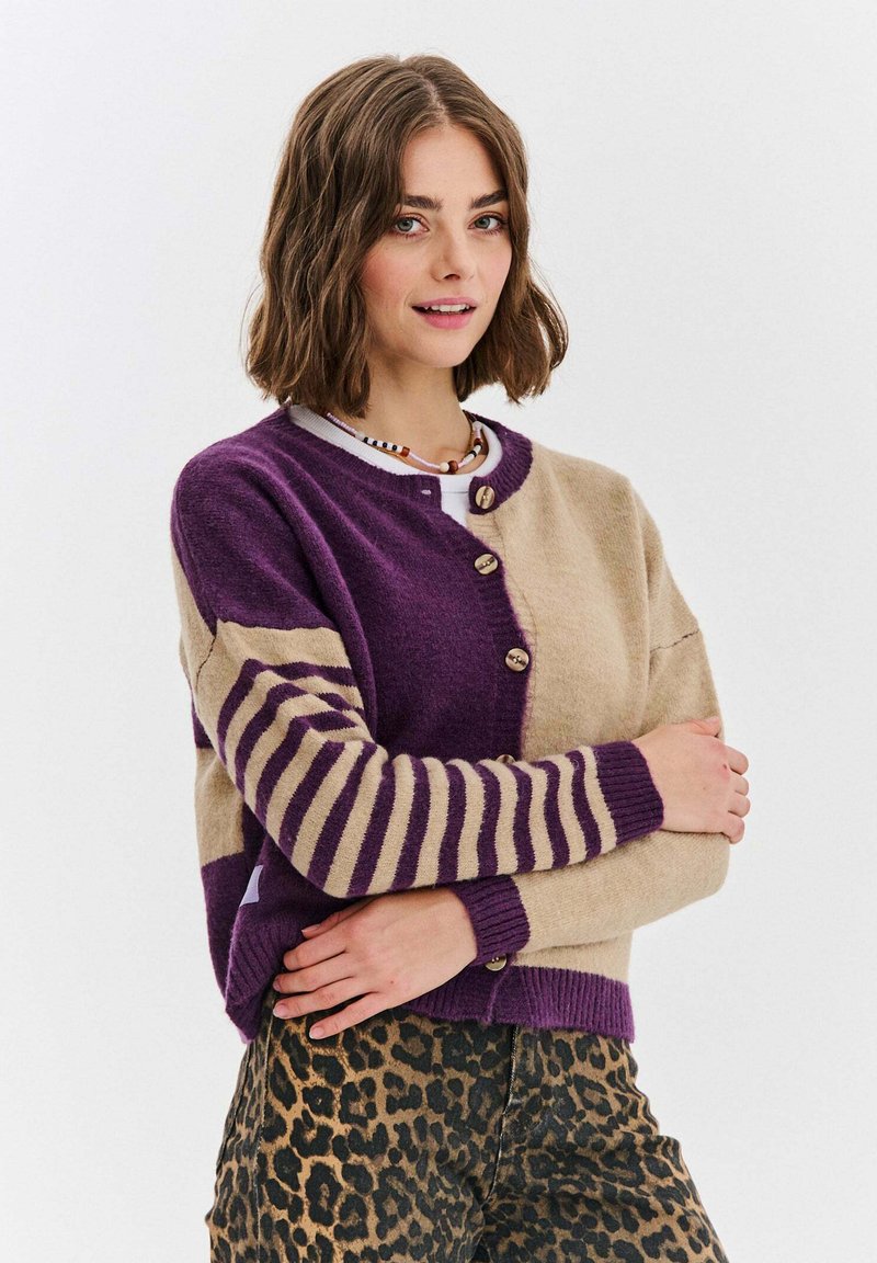 Pletený cardigan v fialové a béžové barvě, s knoflíkovou přední stranou, pruhovanými rukávy a uvolněným střihem. Kombinován s kalhotami s leopardím potiskem.