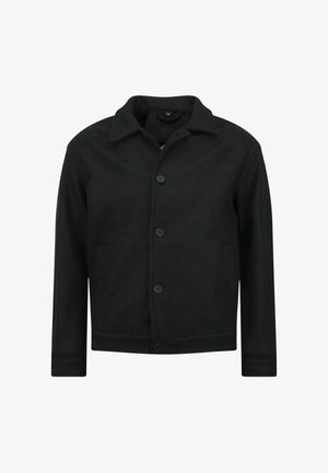 Zwarte jas met knopen en kraag, gemaakt van een textuurstof. Heeft knopen aan de voorkant en lange mouwen, met een recht gesneden ontwerp.