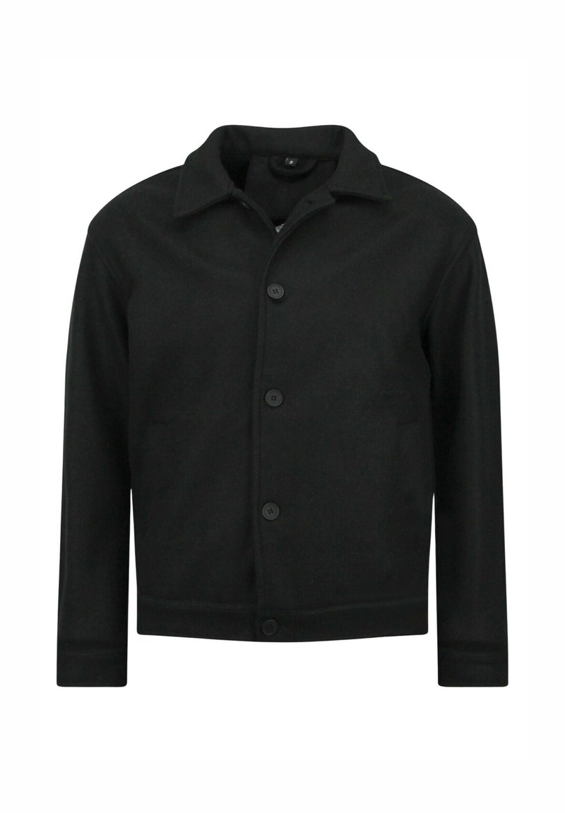 Zwarte jas met knopen en kraag, gemaakt van een textuurstof. Heeft knopen aan de voorkant en lange mouwen, met een recht gesneden ontwerp.