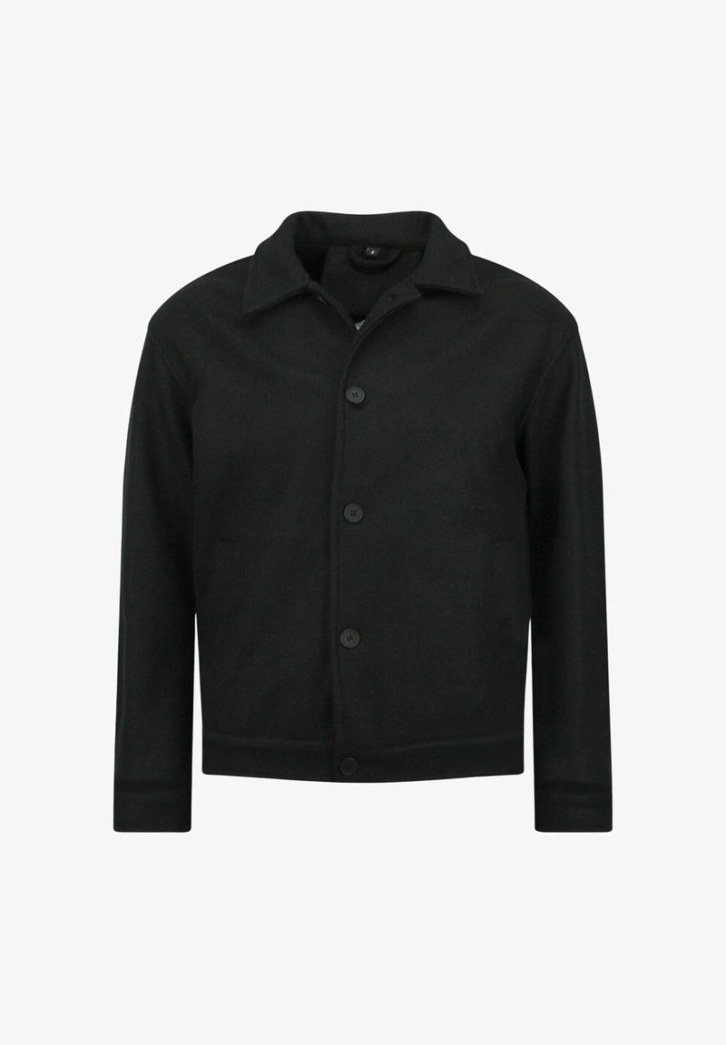 Zwarte jas met knopen en kraag, gemaakt van een textuurstof. Heeft knopen aan de voorkant en lange mouwen, met een recht gesneden ontwerp.