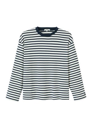 Chemise à manches longues avec rayures horizontales bleu marine et blanches, col rond, et tissu en coton doux. Coupe décontractée avec ourlet droit.