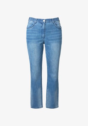 Jasnoniebieskie dżinsy z denimu z elastycznym pasem, zapięciem na guzik oraz warkoczowymi zdobieniami wzdłuż przednich kieszeni.