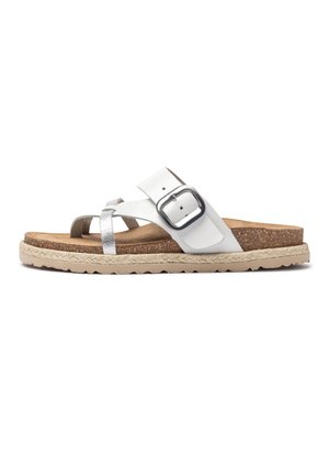 White vegan leather flip-flop sandal with silver accents, cork midsole, textured beige outsole, and adjustable strap featuring a metal buckle.