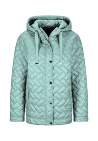 Gequilted turquoise jas met een capuchon, zilveren hardware, een rits aan de voorkant en drukknoopjes. Heeft zijzakken en een gestructureerd patroon.