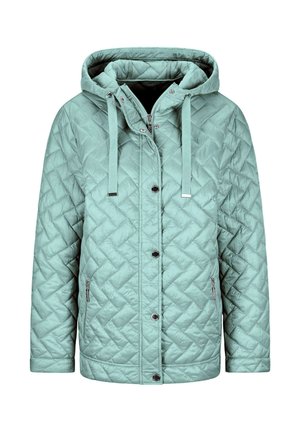 Veste matelassée turquoise avec capuche, accessoires en métal argenté, fermeture éclair à l'avant et boutons-pression. Elle possède des poches latérales et un motif texturé.