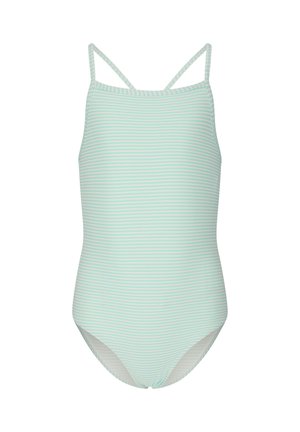 Lyseblå og hvide vandrette stribede badedragt med tynde skulderstropper og højt skåret ben.