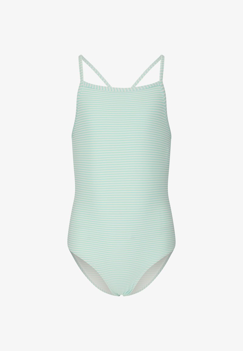 Maillot de bain une pièce à rayures horizontales bleu clair et blanc, avec des bretelles fines et une coupe taille haute.