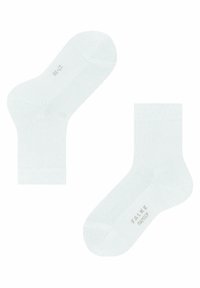 Weiße Baumwollknöchelsocken mit weicher Textur, gerippten Bündchen und kleinem aufgedrucktem Markennamen an der Seite.