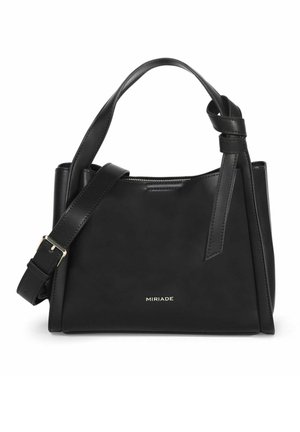 Sac à main en cuir noir avec poignée supérieure, bandoulière réglable, boucle dorée et petit logo "MIRIADE" au centre devant.