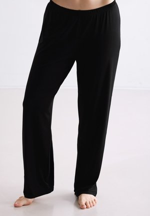 Schwarze, locker sitzende Hose aus weichem, dehnbarem Material mit elastischem Bund. Verfügt über ein gerades Bein-Design ohne sichtbare Muster.