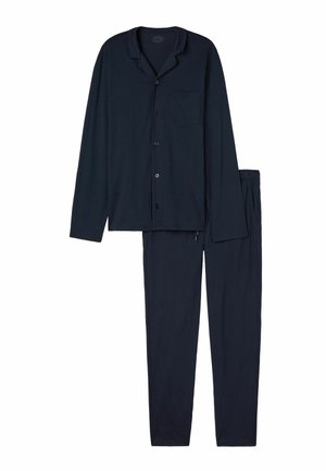 Ensemble de pyjama bleu marine avec un haut à manches longues à bouton et une poche poitrine, accompagné d'un pantalon à taille élastique en tissu doux.