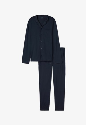 Ensemble de pyjama bleu marine avec un haut à manches longues à bouton et une poche poitrine, accompagné d'un pantalon à taille élastique en tissu doux.