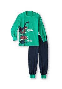 Groen longsleeve shirt met dinosaurussen en tekst; marineblauwe broek met groene manchetten; katoenmix; casual ontwerp.