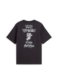 Camiseta negra de algodón con un diseño gráfico blanco en la parte posterior que incluye el texto "VANS", "OFF THE WALL" y "SINCE SIXTY SIX", además de una ilustración de un personaje.
